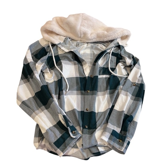 y2k green and white plaid hooded button up long sleeve top vintage fall coquette - Picture 1 of 8